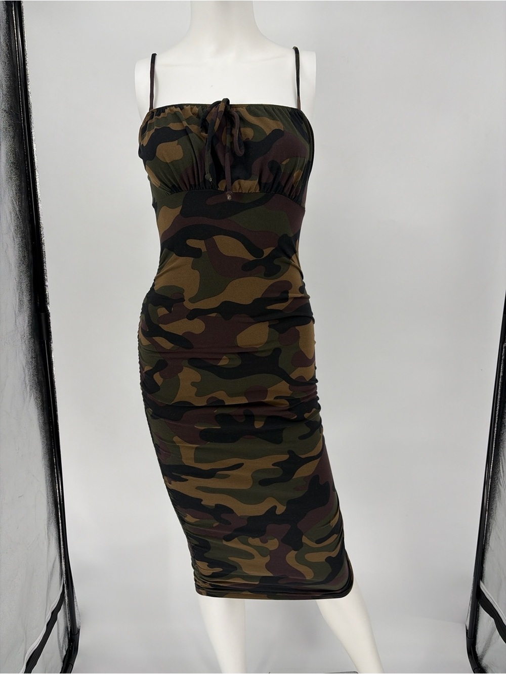 Sleeveless Camo Midi Dress with Tie-Front Detail - Olive Green